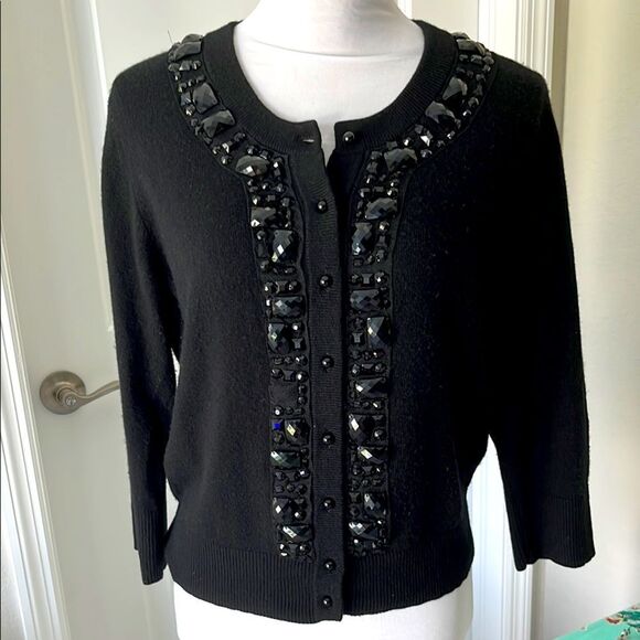 Kate Spade Live Colorfully Black Embellished Neck short Wool Cashmere Blend SZ L - Picture 1 of 7